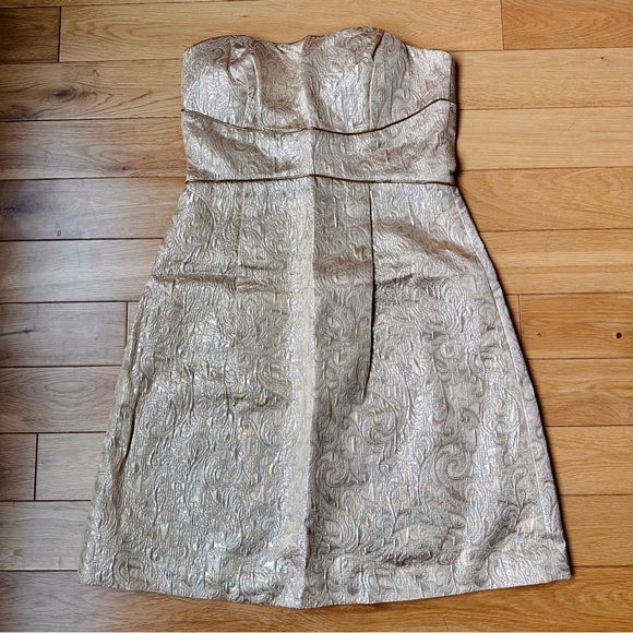 Max and Cleo Strapless Gold Brocade Dress - Picture 1 of 7